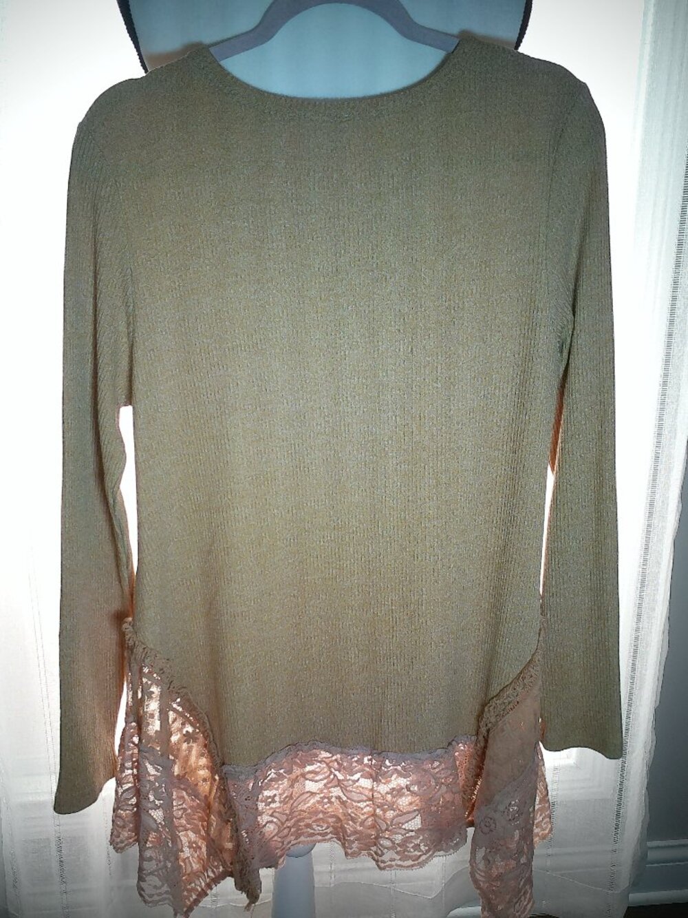 KORI AMERICA Long Sleeve Scoop Neck Tan Ribbed Knit Tunic w/Lace Hem L - Picture 3 of 7